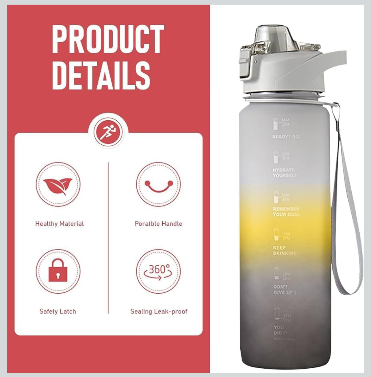 Motivational Water Bottle with Time Markers – 1L, Leak-Proof & One-Click Lid