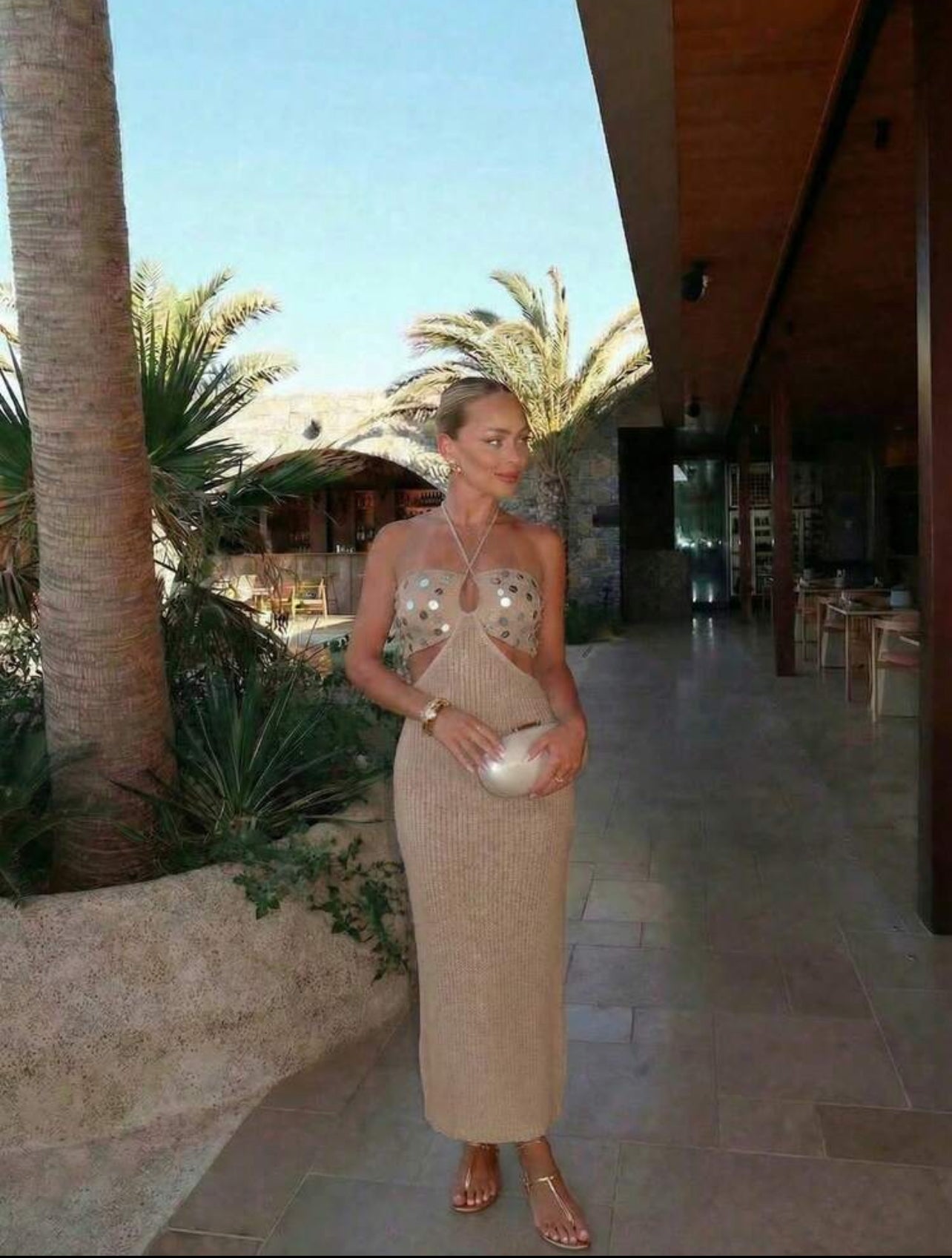 FOR BEAUTY Summer Women's Bohemian Glitter Sequin Coffee-Tone Halter Dress, Sleeveless Bandeau Backless Cami Dress,Beach Vacation Dress,Summer Dress - M