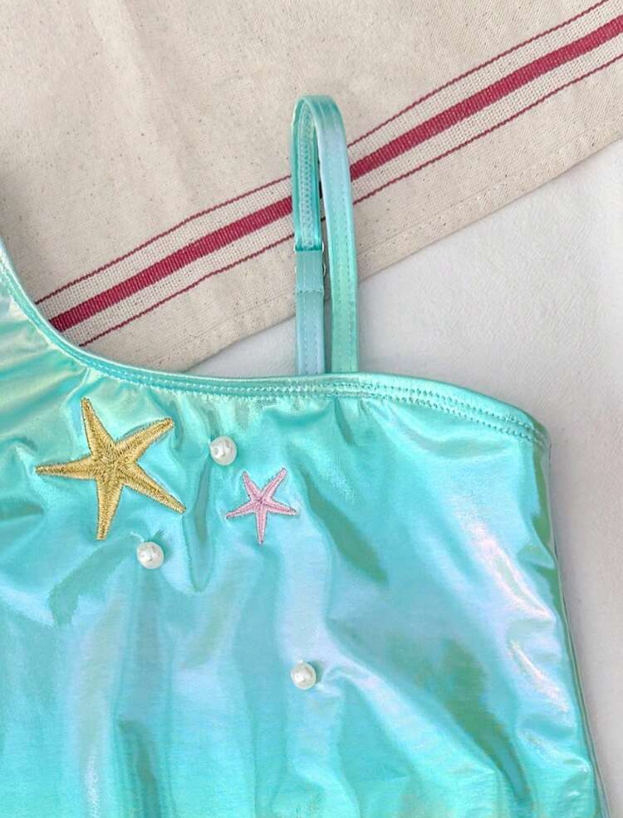 SHEIN Toddler Girl's Baby Pink Starfish Embroidered Pearl One-Piece Swimsuit With Tulle Skirt,One-Shoulder Puff Sleeve Quick-Drying Summer Beach Holiday