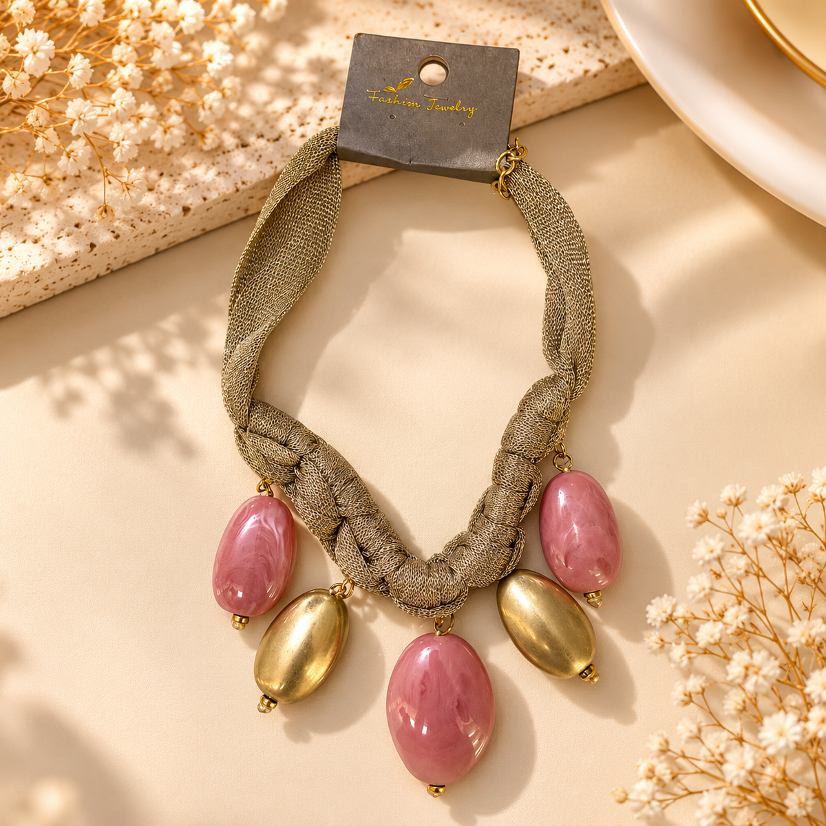 Elegant Statement Necklace – Gold & Beige Beaded Pendant Necklace