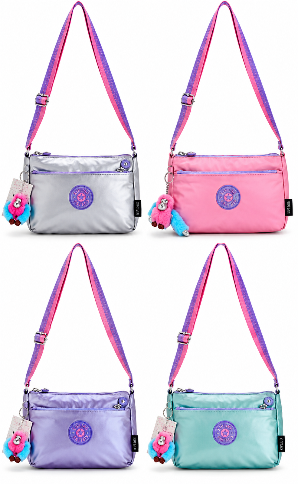 Metallic Mini Crossbody Bag with Colorful Plush Charm