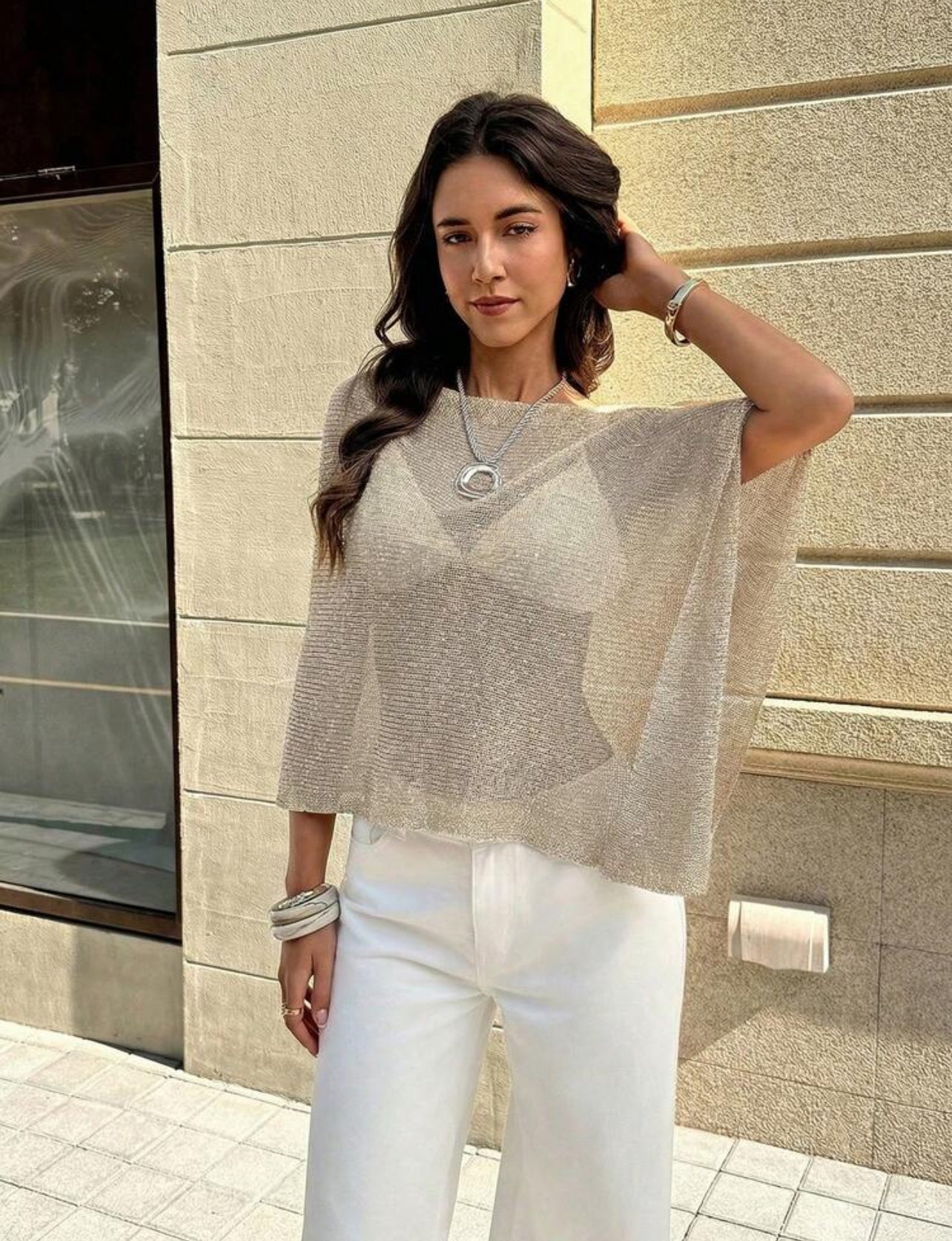 FOR BEAUTY Women's Summer New Knit Top, Casual Style, Solid Gold Loose Shawl Cover Up, Bohemian Style, Suitable For Beach And Vacation - M,L