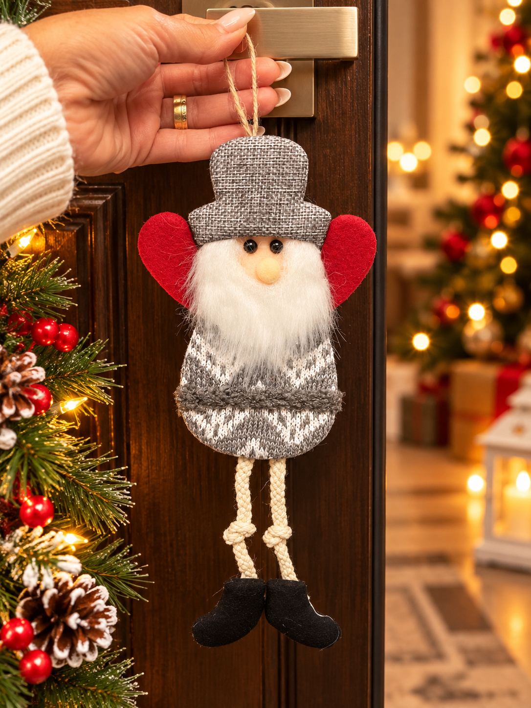 Christmas Gnome Door Hanger – Grey & Red Festive Decoration