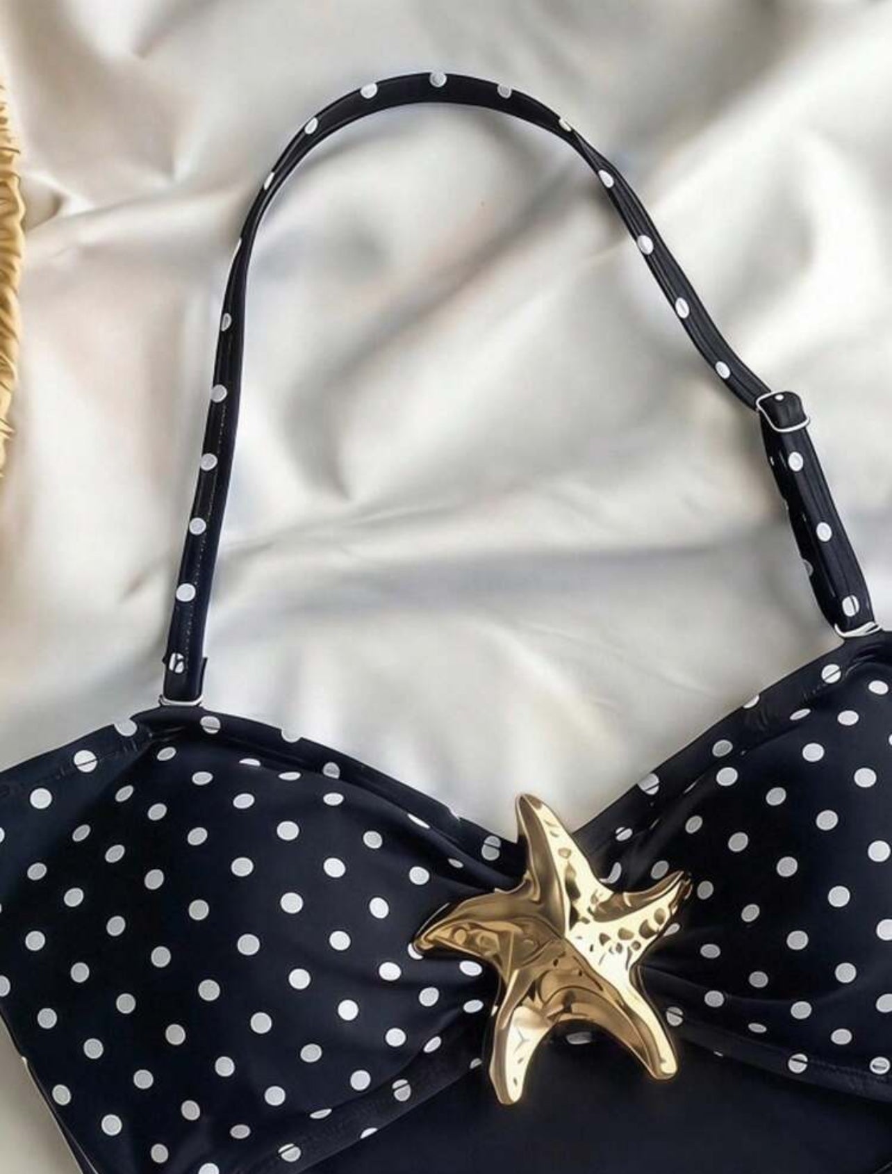 SHEIN Tween Girl Polka Dot Metallic Starfish Decor One-Piece Swimsuit, Suitable For Beach Vacation - 10Y,11Y