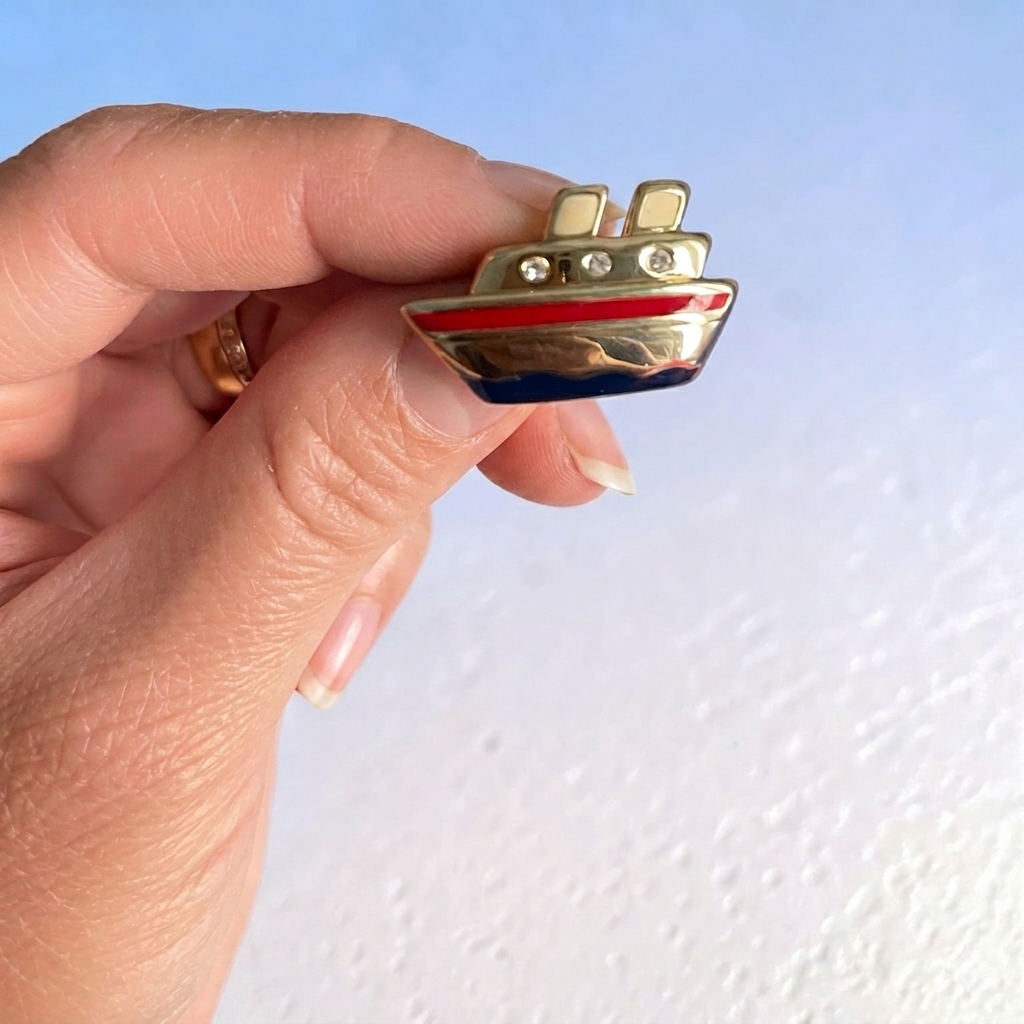 Vintage Cruise Ship Brooch Pin – Gold Nautical Style Brooch