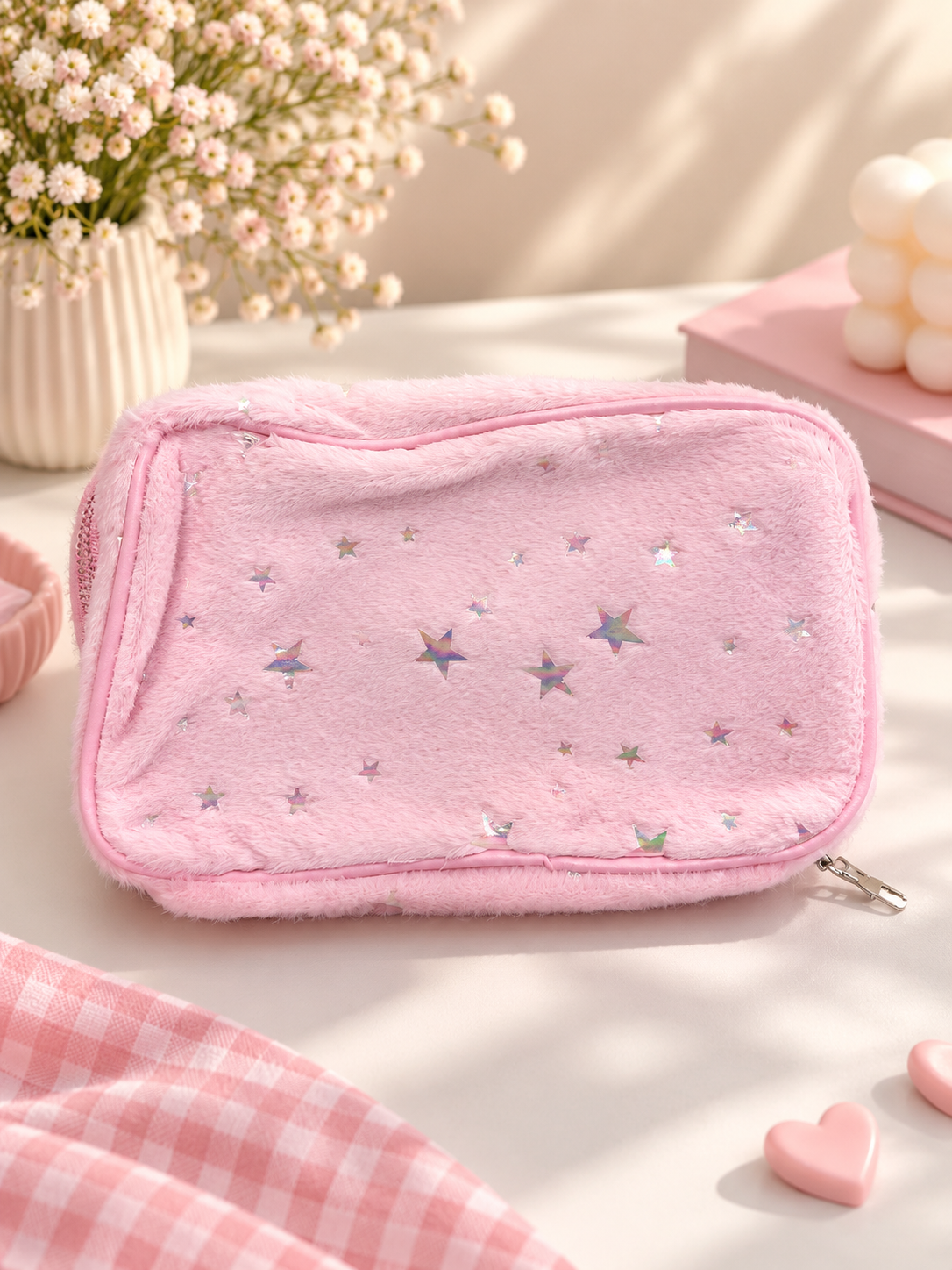 Fuzzy Star Print Double Compartment Pencil Case – Pink & Lavender