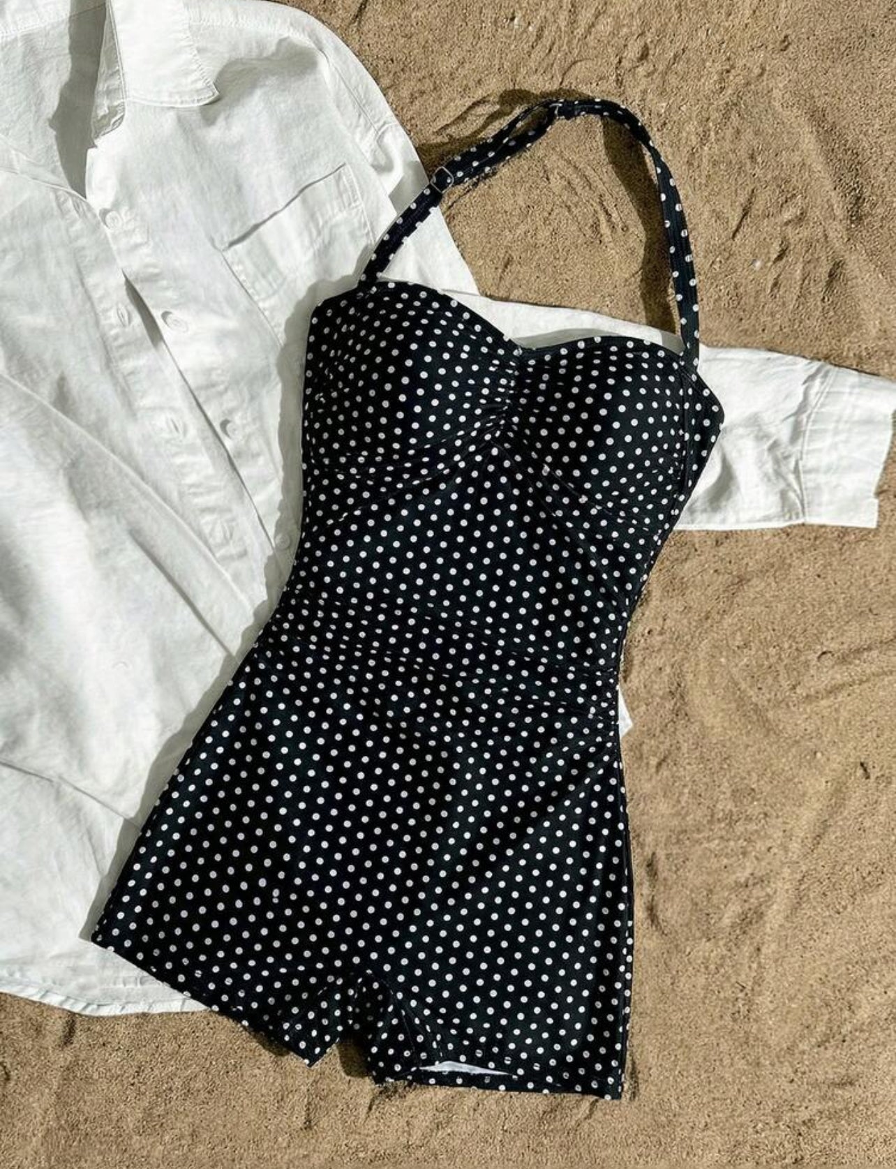 SHEIN Teen Girl Black One-Piece Halter Ruched Swimsuit,Elegant Polka Dot Pattern - 14 Years