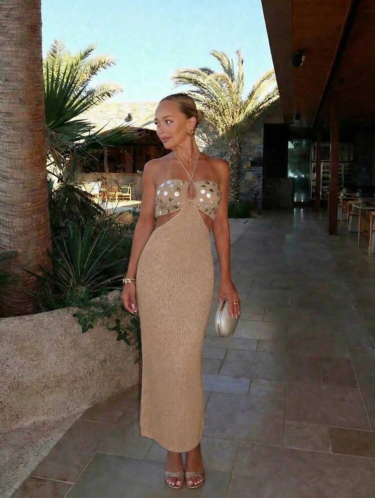 FOR BEAUTY Summer Women's Bohemian Glitter Sequin Coffee-Tone Halter Dress, Sleeveless Bandeau Backless Cami Dress,Beach Vacation Dress,Summer Dress - M