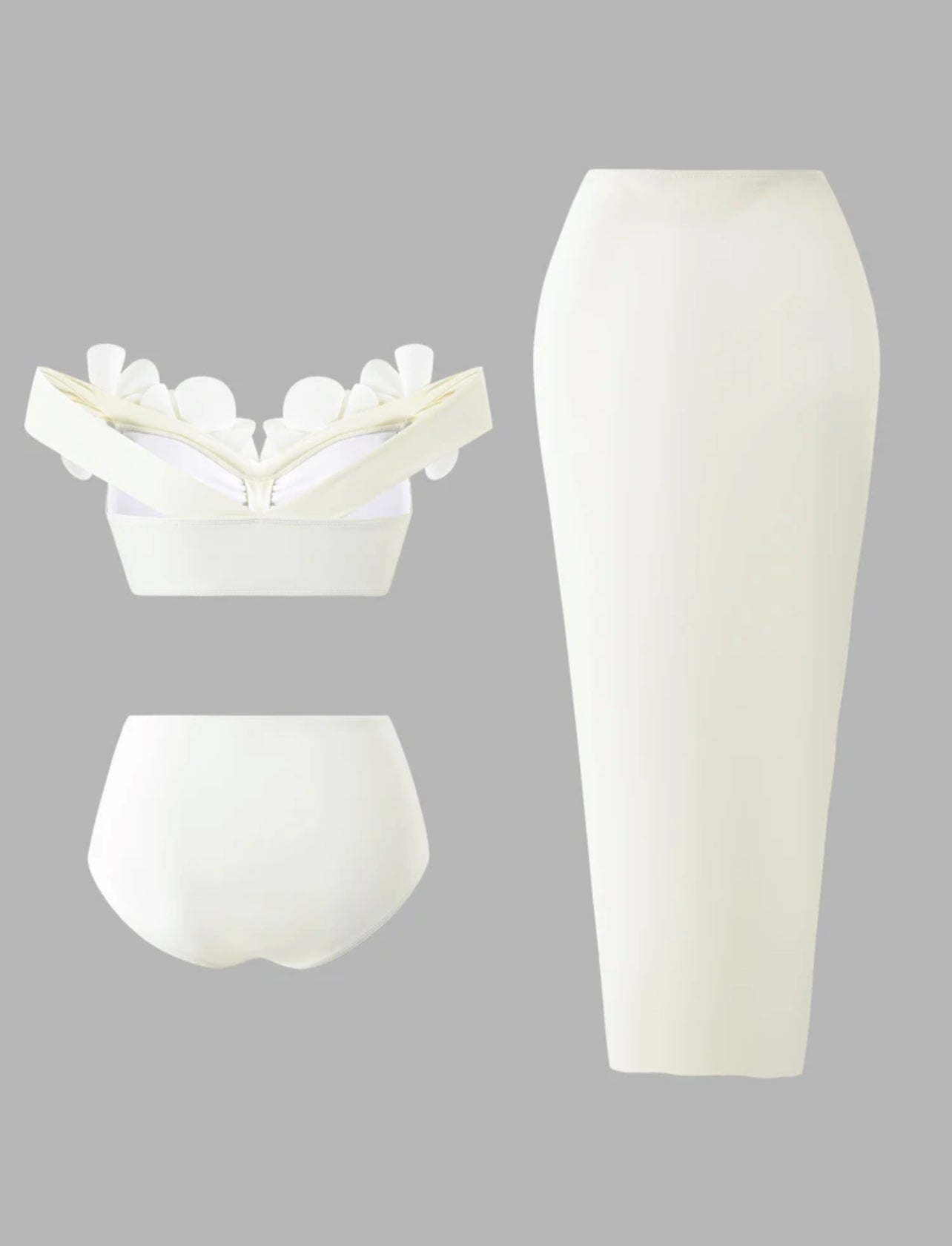 Bonvoyette Women's Summer Beach Vacation 3D Floral Decor One-Shoulder Bikini Set, Elegant White Three Pieces Swimwear Set