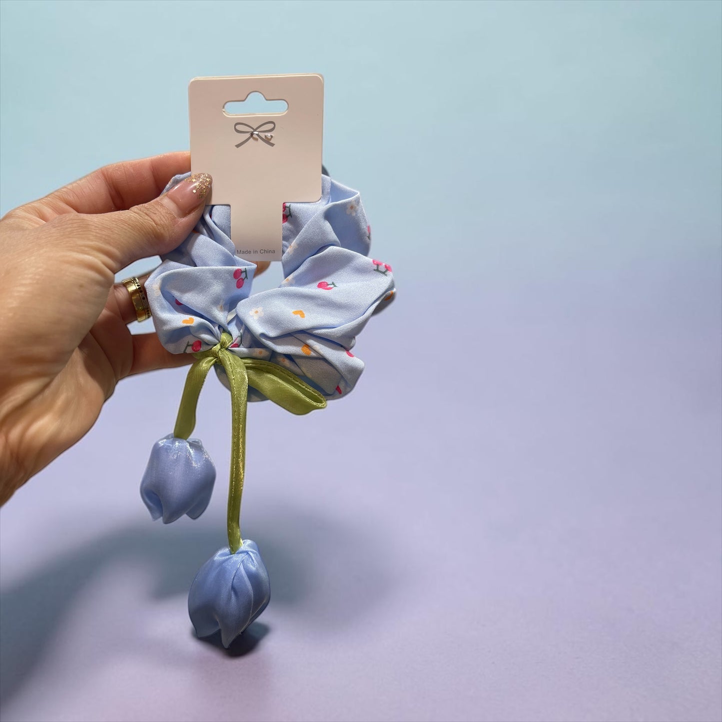 Cherry Blossom Scrunchie with Tulip Tassels – Cute Floral Hair Tie