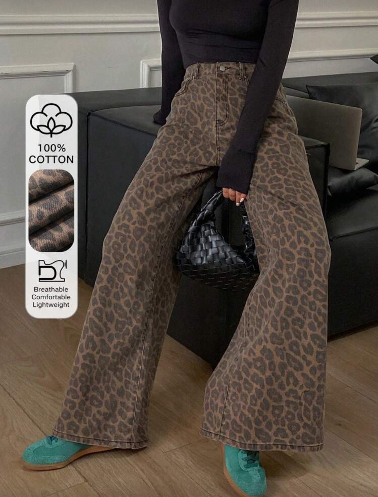 [100% Cotton] Livesso Women's Loose Leopard Print Cotton Pants Fall - Medium