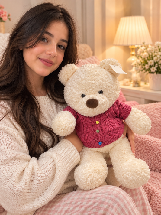 Soft Plush Teddy Bear with Knitted Pink Sweater