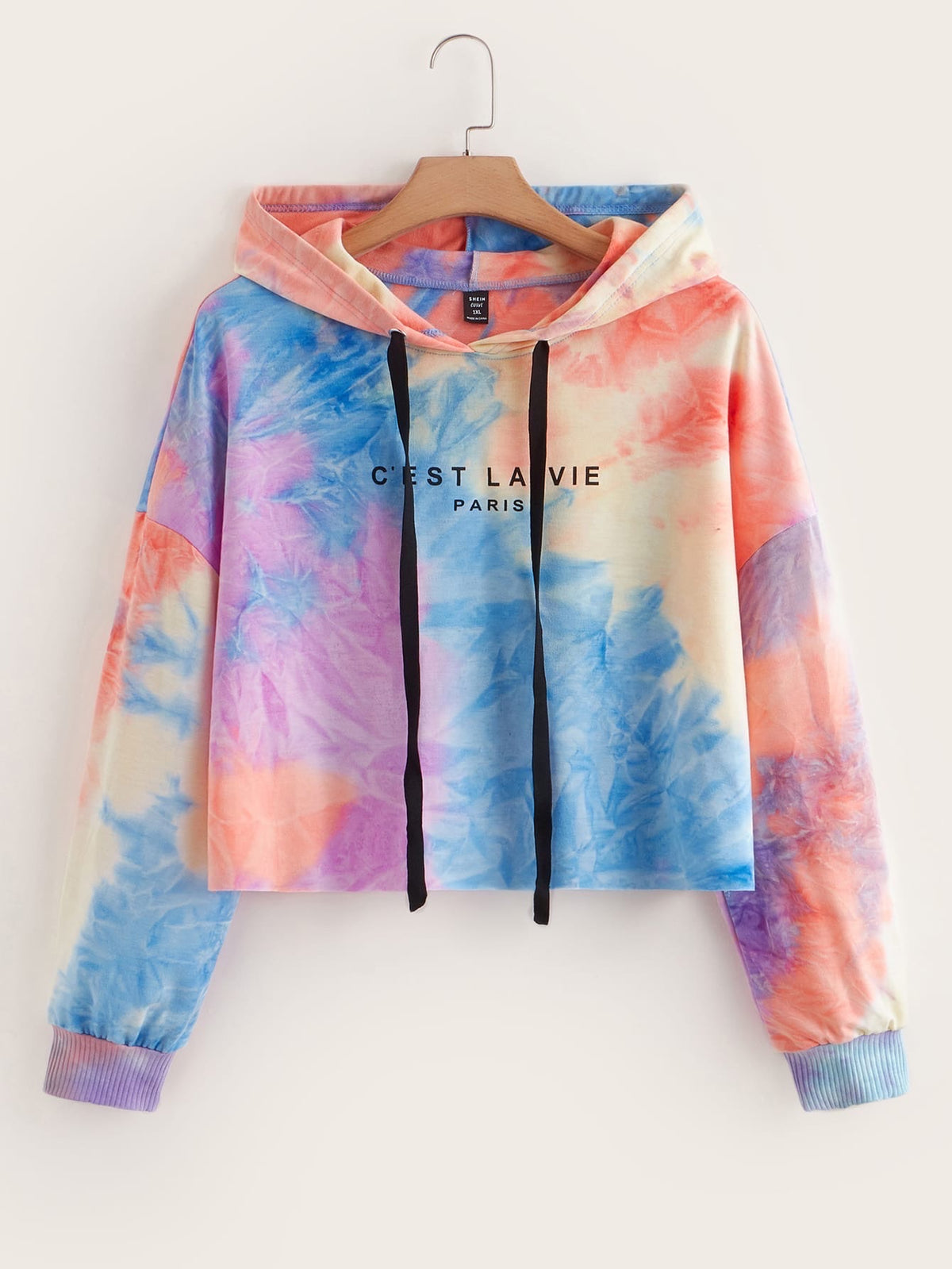 Tie-Dye Cropped Curve Hoodie – Multicolor Pastel Print - 0XL