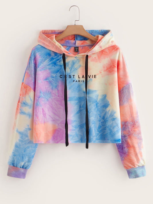 Tie-Dye Cropped Curve Hoodie – Multicolor Pastel Print - 0XL