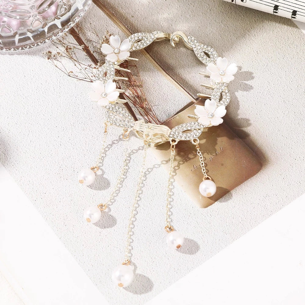 Chinese Style Flower Tassel Hair Bun Buckle High Ponytail Buckle Pearl Chain Pan Hair Claw Clip Fashion Lovely Alloy Headwear