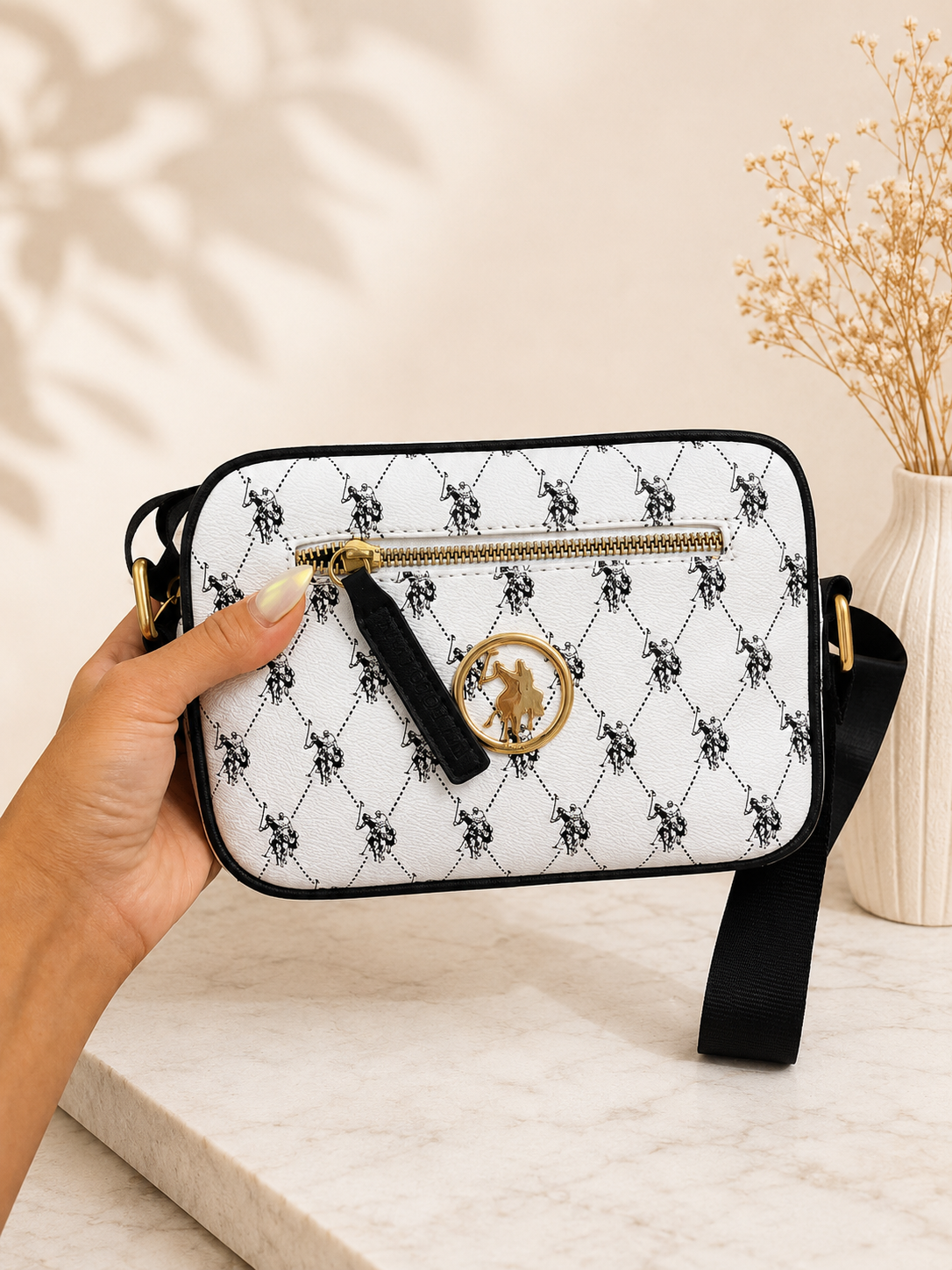 Classic Monogram Crossbody Bag – White & Black