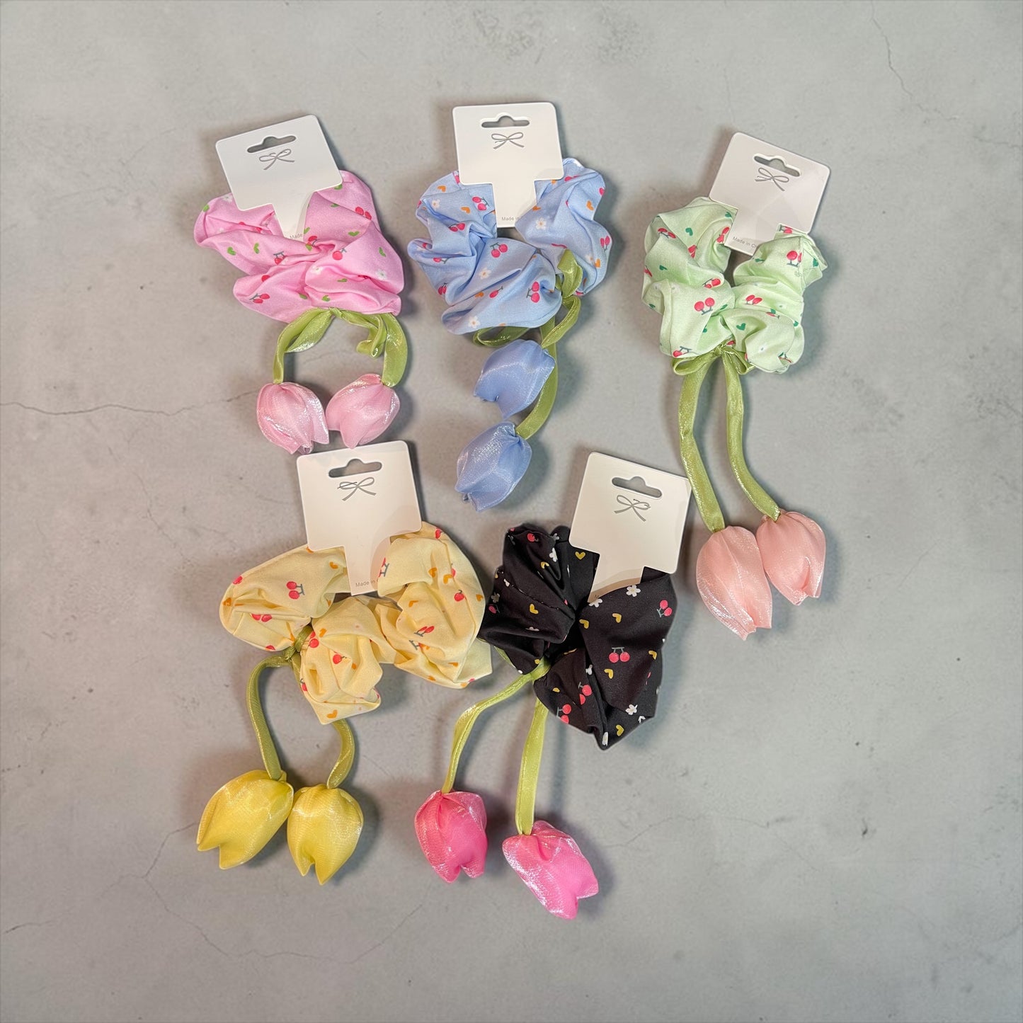 Cherry Blossom Scrunchie with Tulip Tassels – Cute Floral Hair Tie