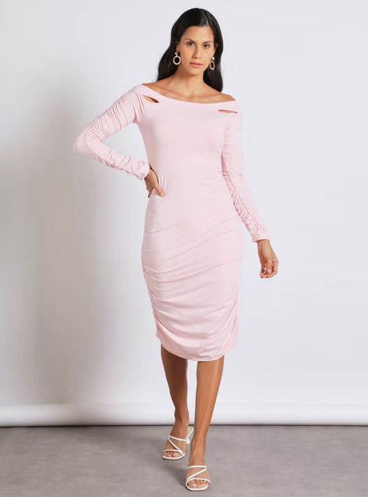 Aila Party Wrap Long Sleeve Cold Shoulder Knee Length Dress 137 Pink - M
