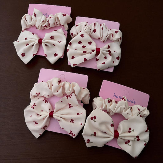 2Pcs/Set Flower Heart Cherry Bow Print Kids Bows Hair Clips & Hair Tie for Girls Handmade Cute Bowknot Hairpin Barrettes Cotton Hair Accessories