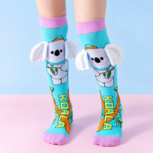 Kids’ 3D Koala Knee-High Socks – Turquoise & Pink