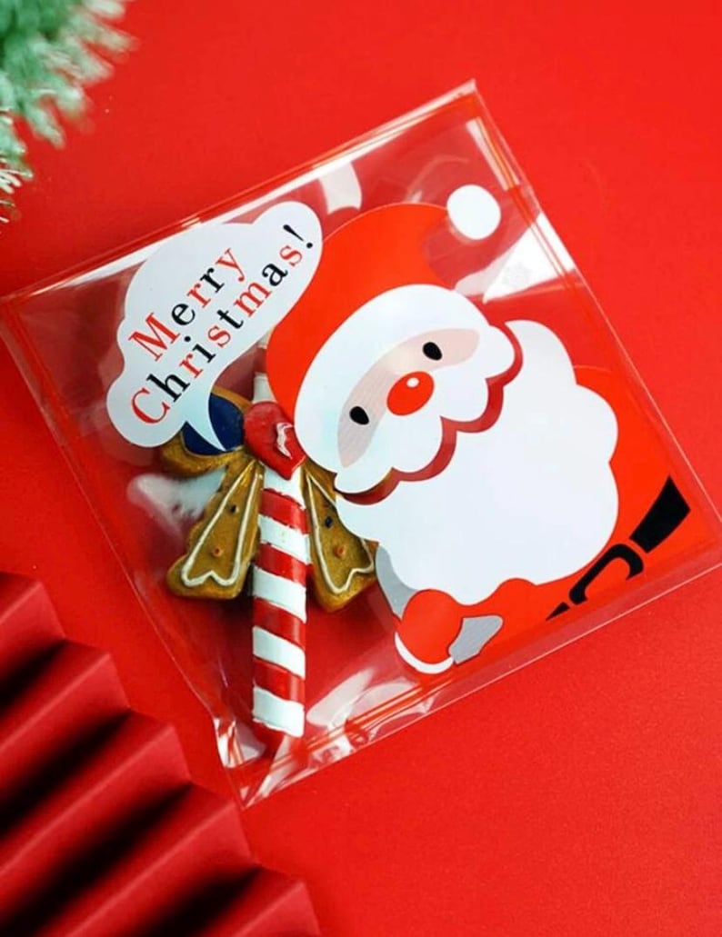 100Pcs Christmas Santa Claus self adhesive clear cookies bag