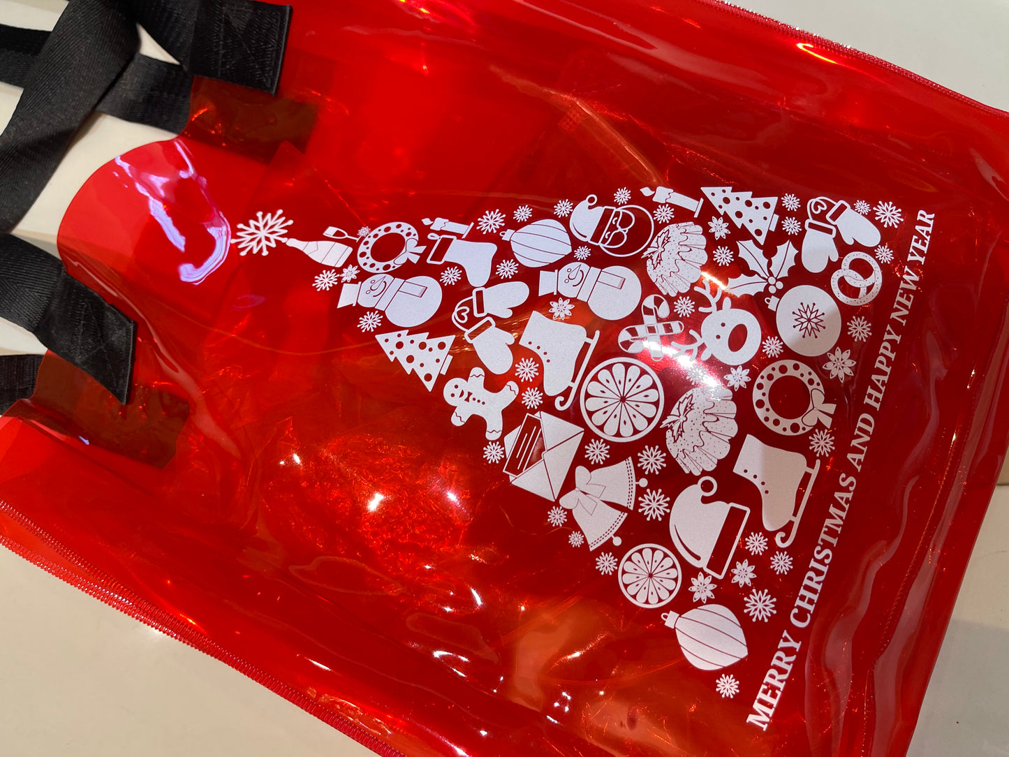 Red Christmas Transparent Tote Bag with Tree Print & Black Handles