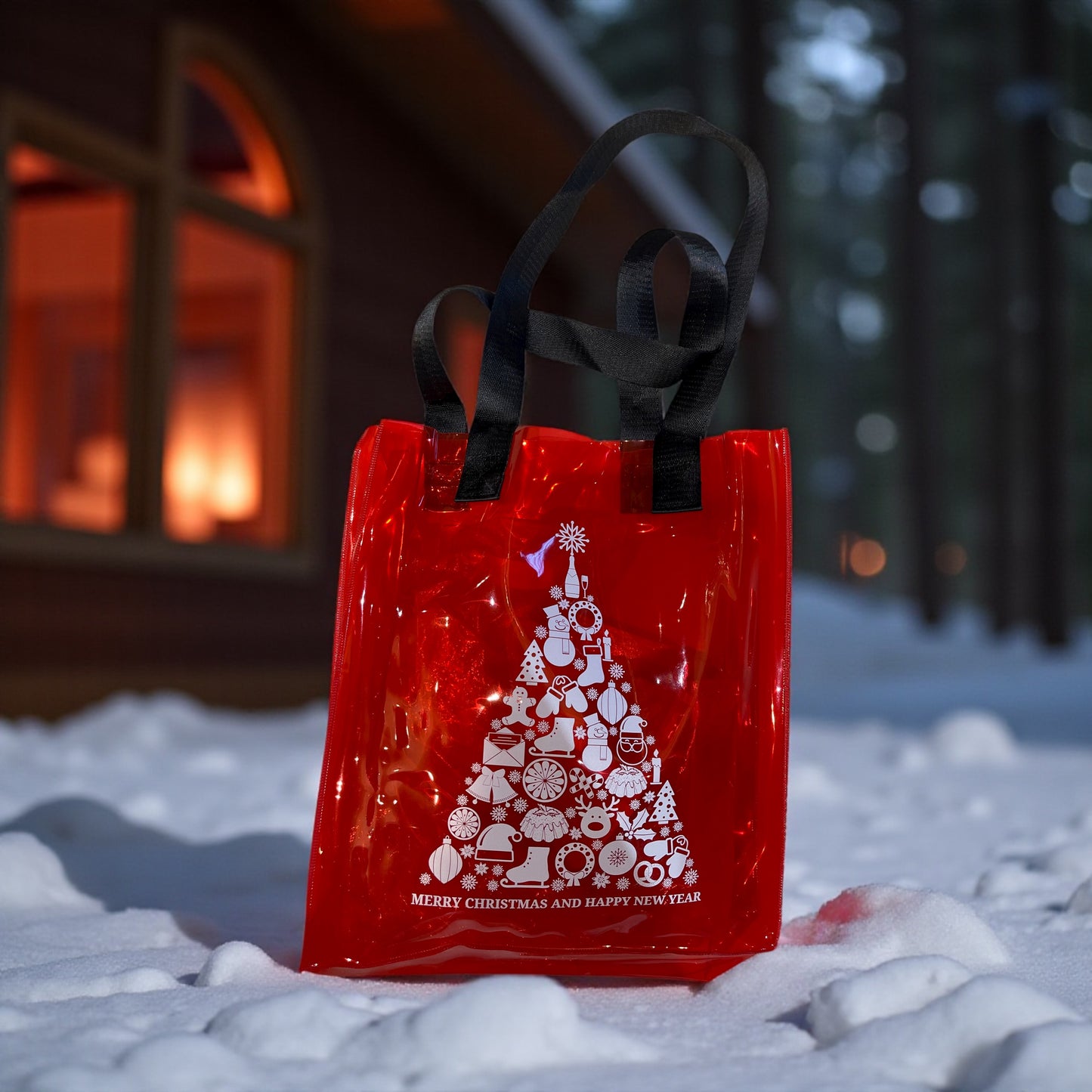 Red Christmas Transparent Tote Bag with Tree Print & Black Handles