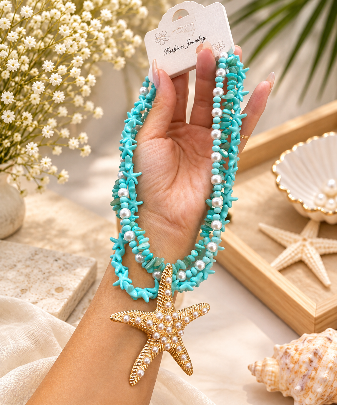 Pearl & Shell Starfish Layered Necklace – Beach-Inspired Statement Jewelry