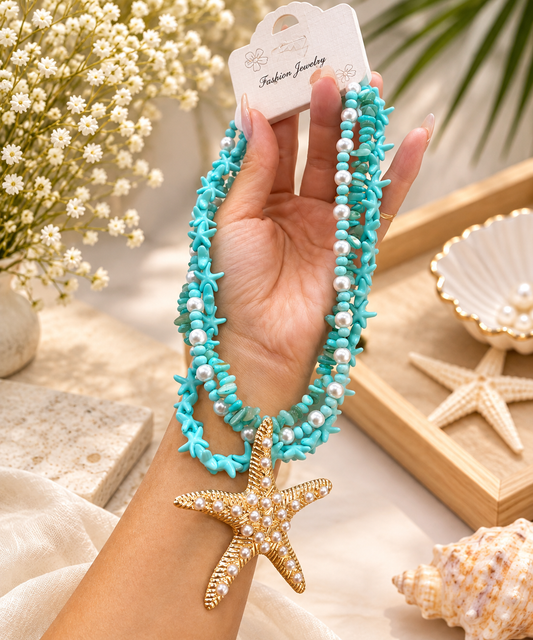 Pearl & Shell Starfish Layered Necklace – Beach-Inspired Statement Jewelry