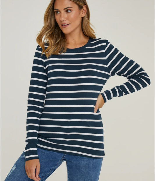 Matalan Navy Stripe Long Sleeve T-Shirt - Size: 12