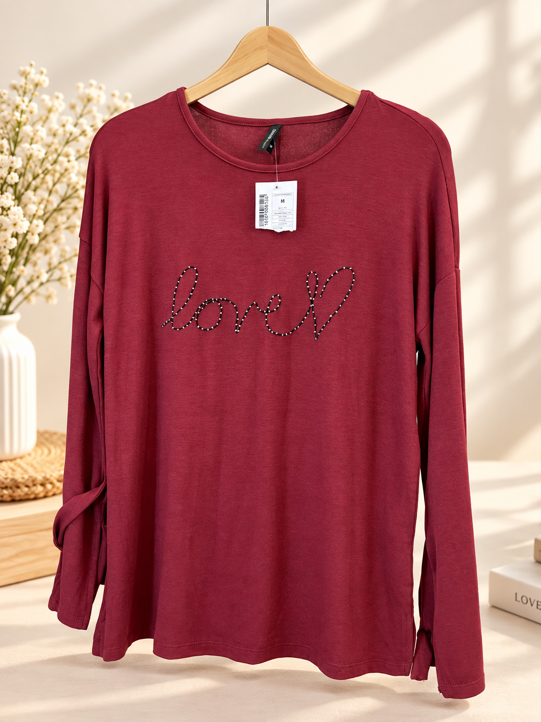 Women’s Burgundy Long Sleeve Top with “Love” Design