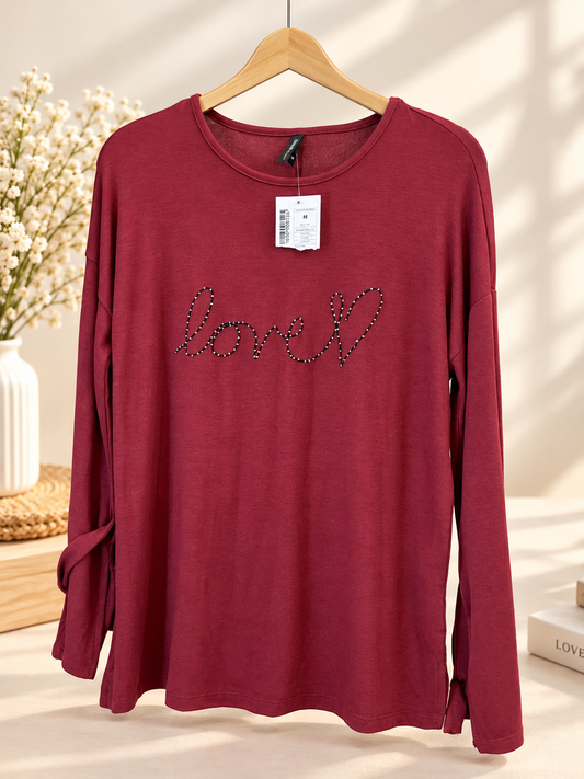 Women’s Burgundy Long Sleeve Top with “Love” Design