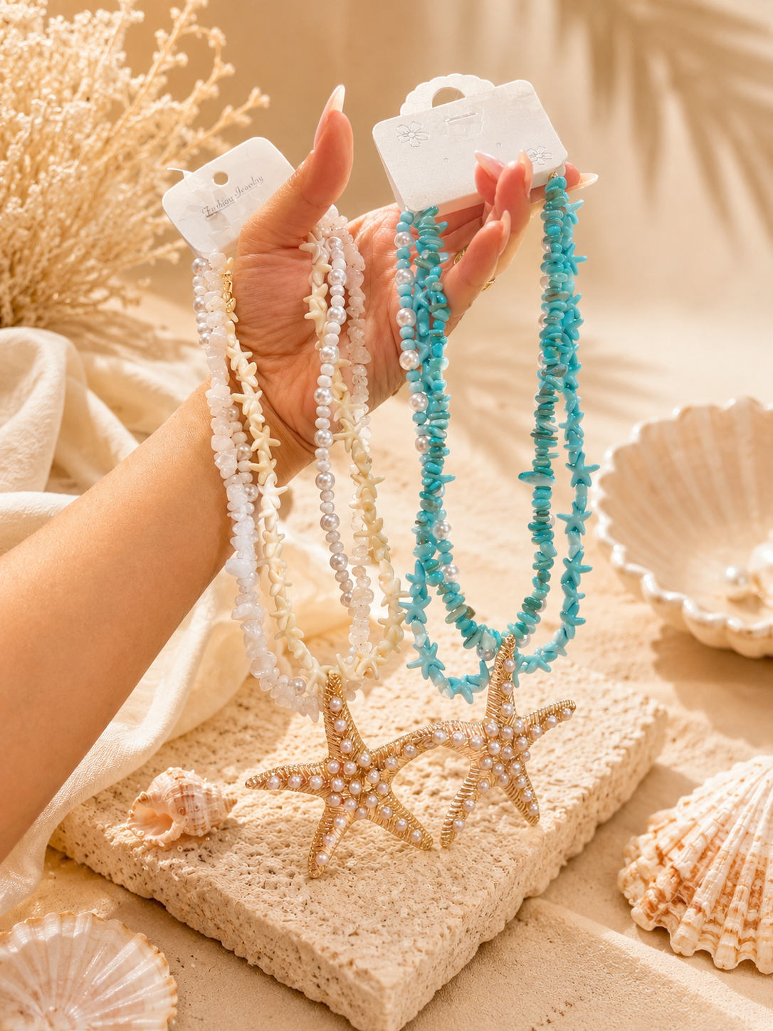 Pearl & Shell Starfish Layered Necklace – Beach-Inspired Statement Jewelry