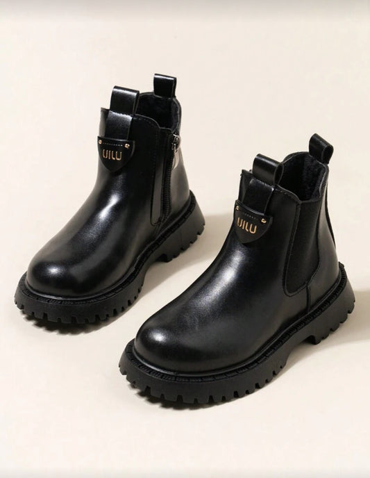 Girls' Black PU Leather Zipper Flat Boots With Fur Lining, Simple Casual Ankle Boots For Kids, Suitable For Winter - EUR34