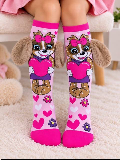 Girls’ Cute Puppy Knee-High Socks with 3D Fluffy Ears – Pink