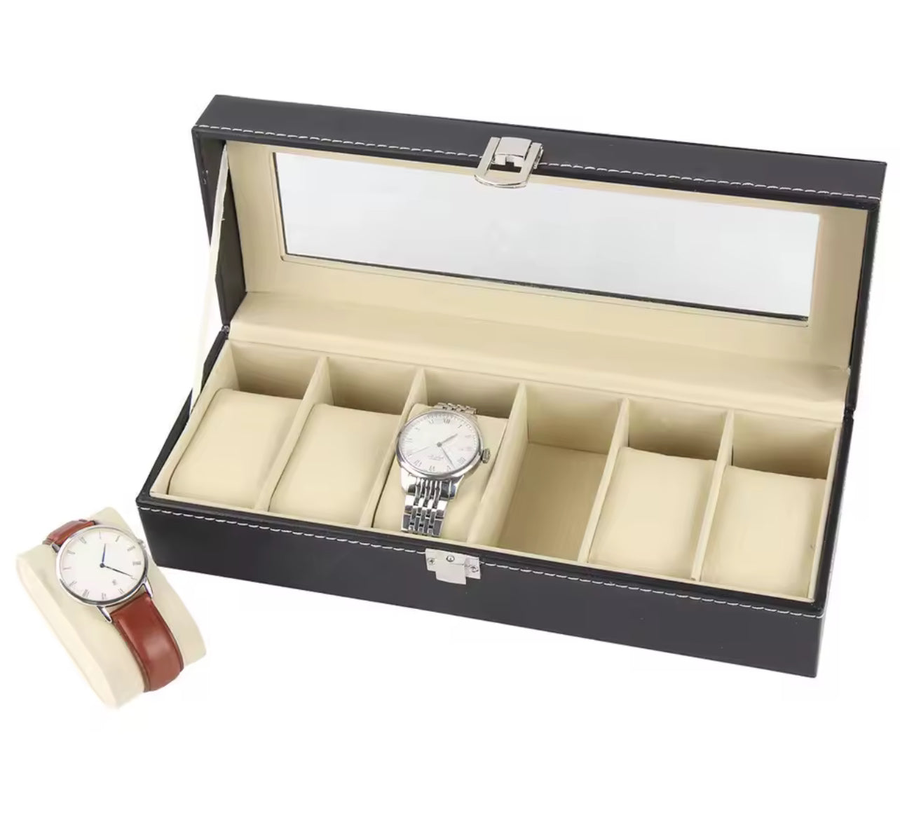 WellZone Classic 6 Positions Watch Box With Transparent Glass Top PU Leather Six Slots Watch Storage Case For Holiday Gift