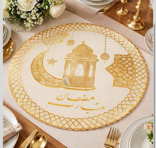 1PC Ramadan Mubarak Placemat – Gold Embroidered Round & Rectangle Table Mat