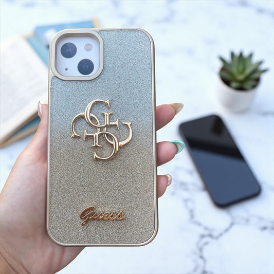 Guess iPhone 15 Compatible Glitter Logo Case Gold