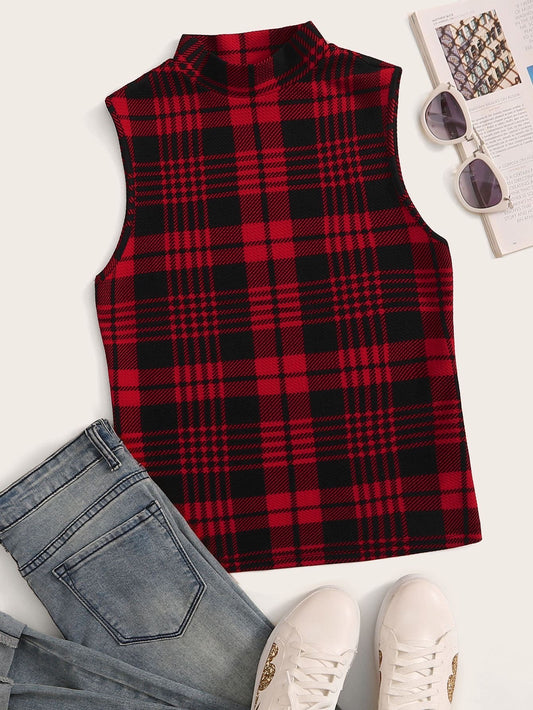SHEIN Mock Neck Plaid Print Tank Top - S