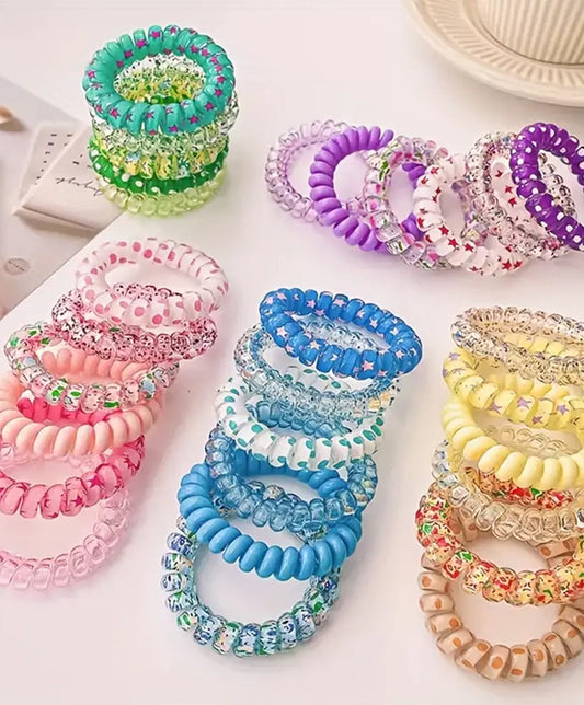 6pcs/set Women Telephone Wire hair bands girls Star Printing Spiral Cord hair tie elastic Scrunchies  hair rope gum Accessories