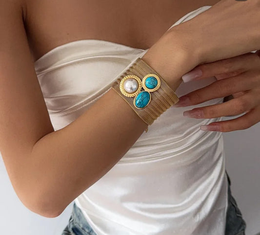 Vintage Gold Mesh Bracelet with Turquoise Stones & Pearl – Stainless Steel 18K Gold Plated Wide Cuff