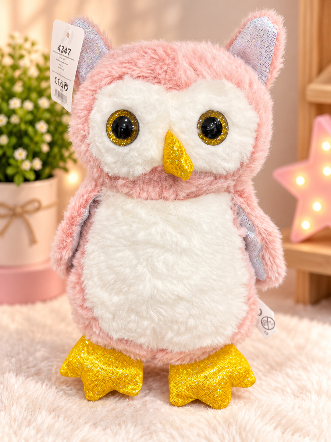 Pink Plush Owl Soft Toy with Glittery Gold Details – 27 × 15 cm