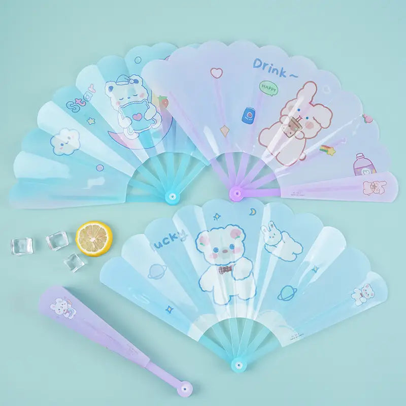 Cute Cartoon Folding Hand Fan – Portable Summer Fan with Puppy & Bear Design