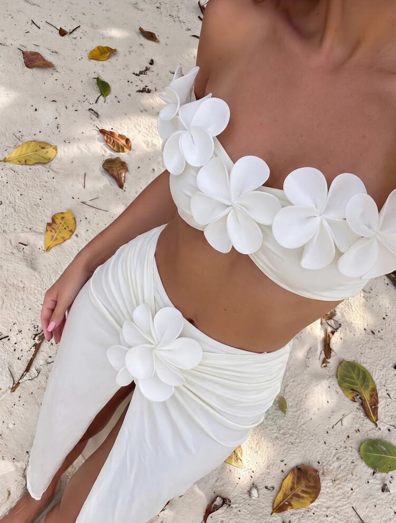 Bonvoyette Women's Summer Beach Vacation 3D Floral Decor One-Shoulder Bikini Set, Elegant White Three Pieces Swimwear Set