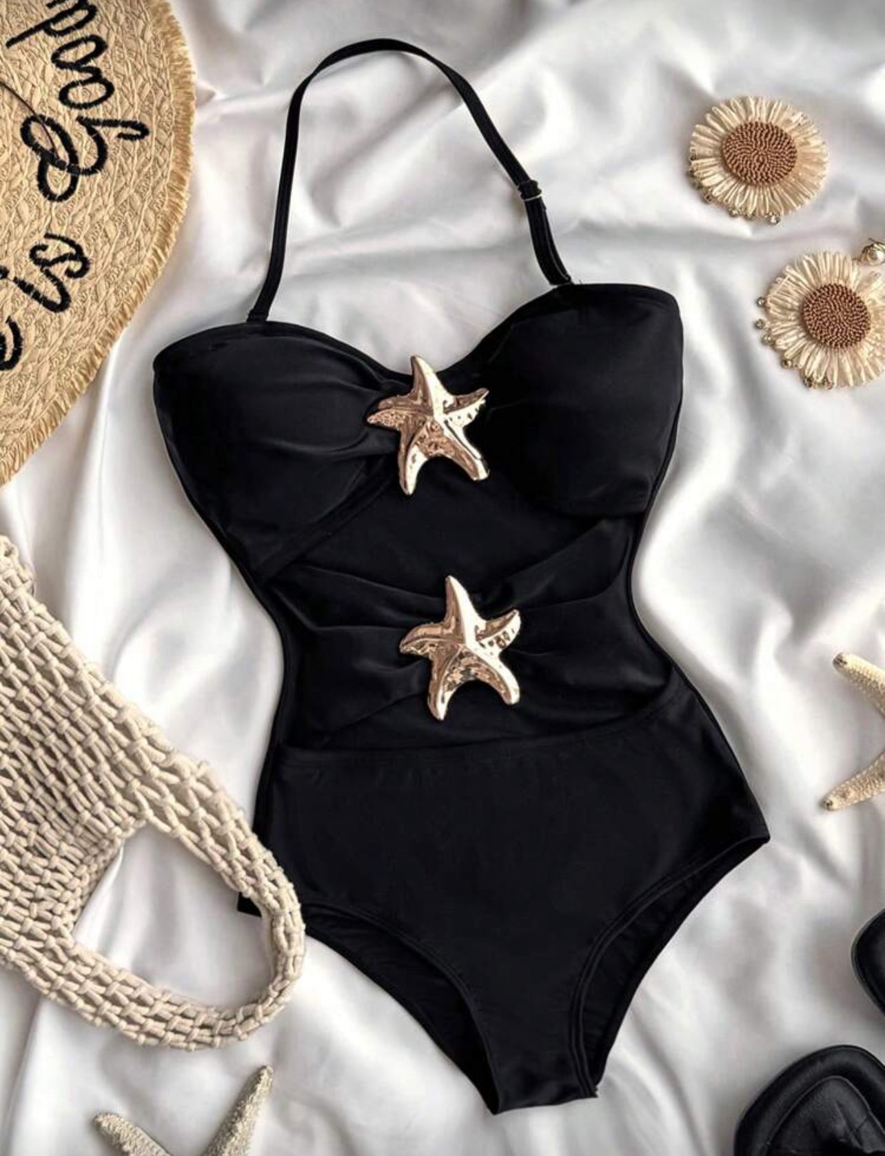 SHEIN Teen Girls Black 1pc Detachable Strap Hollow Starfish Accent Ruched One-Piece Swimsuit Summer,Beach - 15Years
