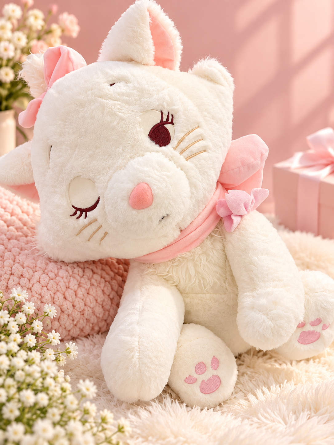 Soft Plush Cat Doll with Pink Bow & Embroidered Details