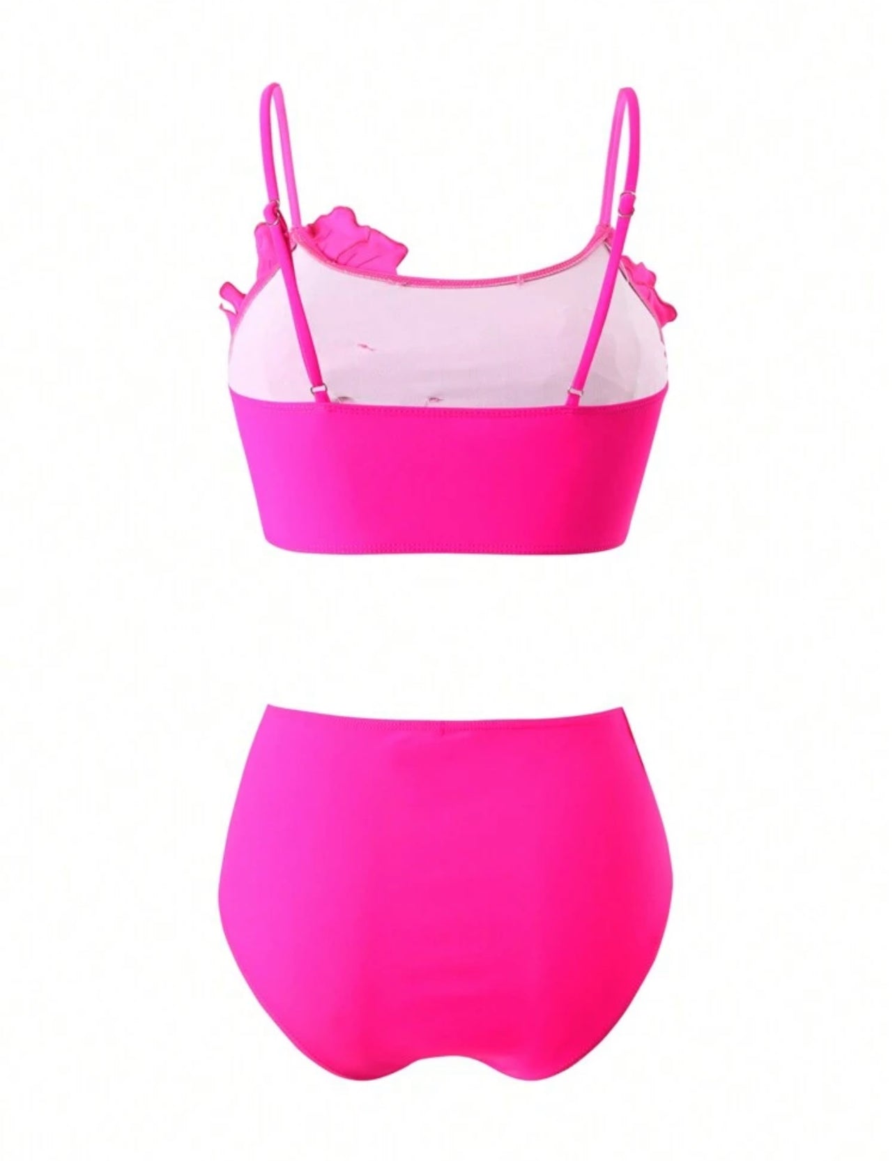 Swim Vcay Women's Summer Beach Hot Pink Solid Color 3D Flower Decorated Bikini Set Summer Two Pieces Set - Medium