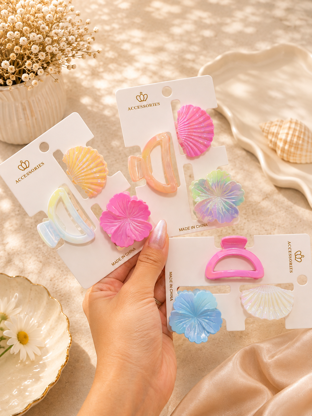 Pastel Shell & Flower Hair Clip Set – 3 Pieces