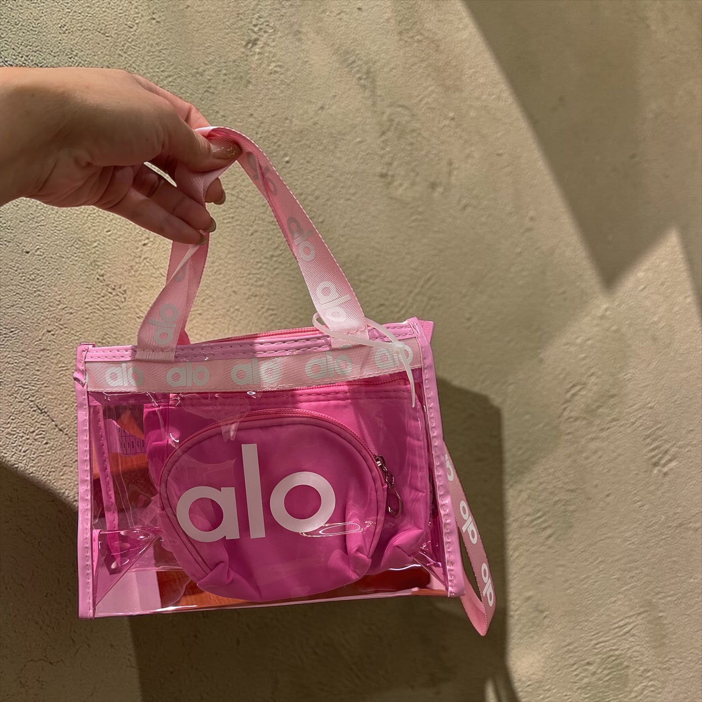 Alo Pink Transparent Tote Bag Set – Clear Handbag with 2 Mini Cosmetic Pouches