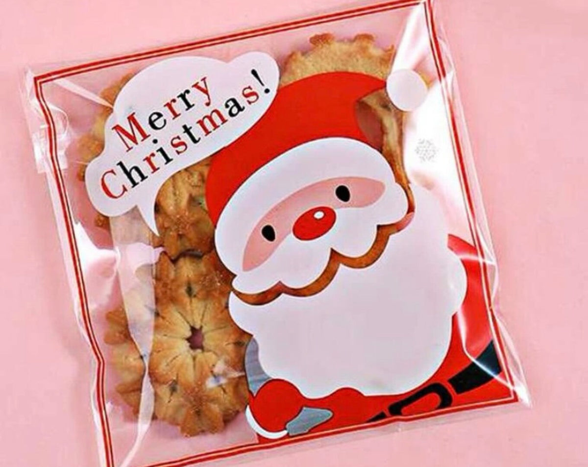 100Pcs Christmas Santa Claus self adhesive clear cookies bag